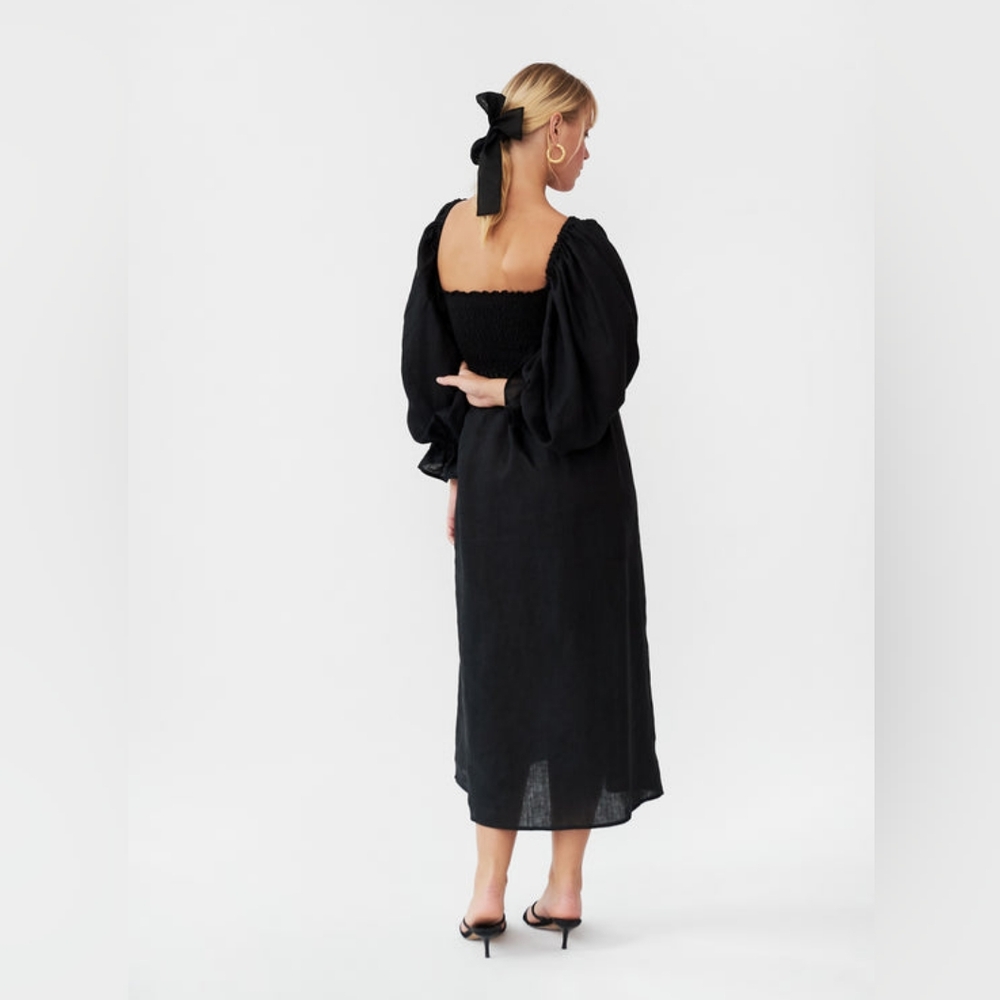 Sleeper 100% linen Atlanta smocked with puff sleeves midi dress, small - Picture 3 of 9
